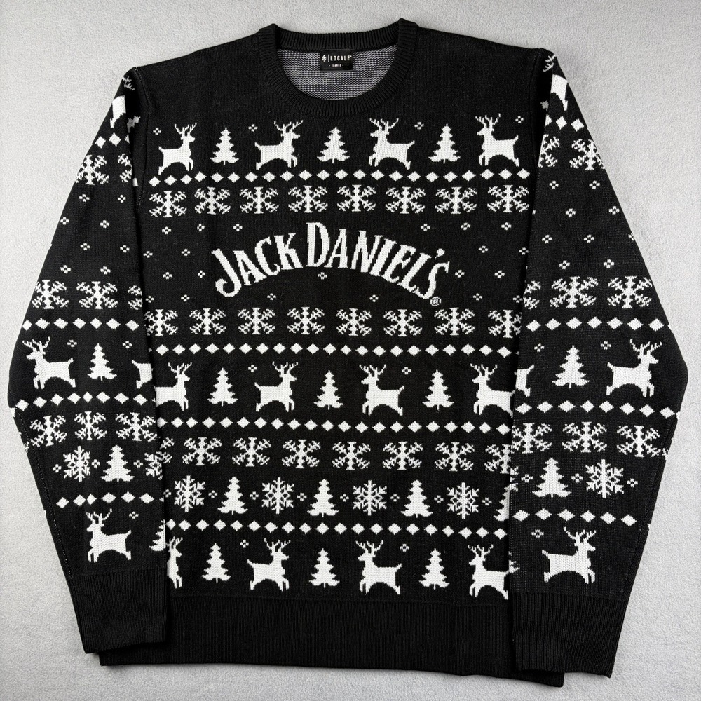 Jack Daniel's Locale Christmas Sweater Men's XL Black White Reindeer Fair Isle
